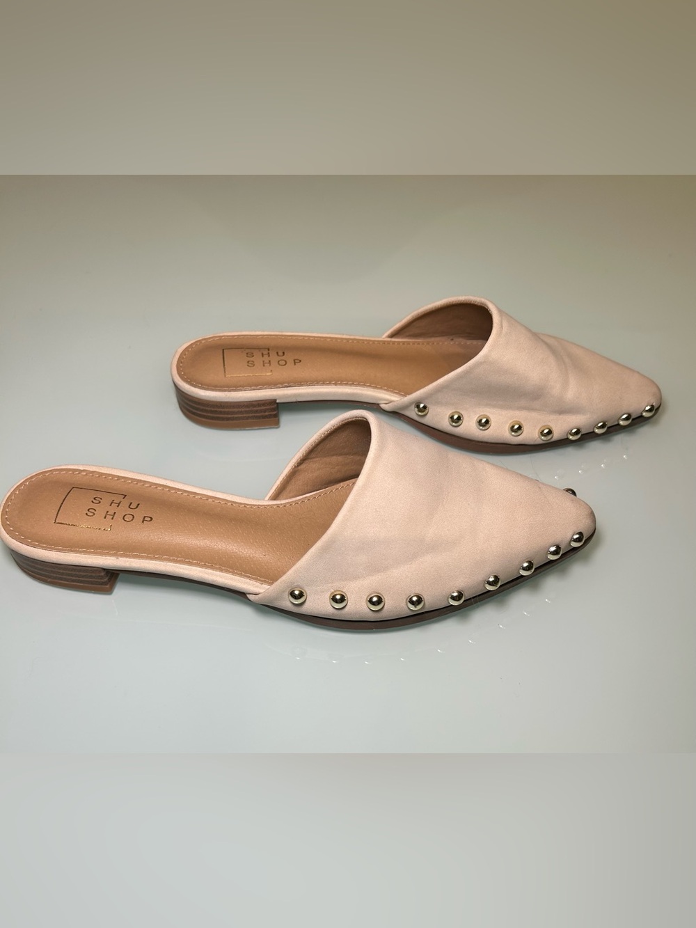 ShuShop Alaska Ivory Bone Studded Pointed Toe Mules | Slip-On Flats Neutral Chic - Picture 4 of 6